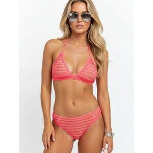 Feather 11 Coral Orange & Nude Strappy 2 Piece Bikini Swim Bathing Suit M
